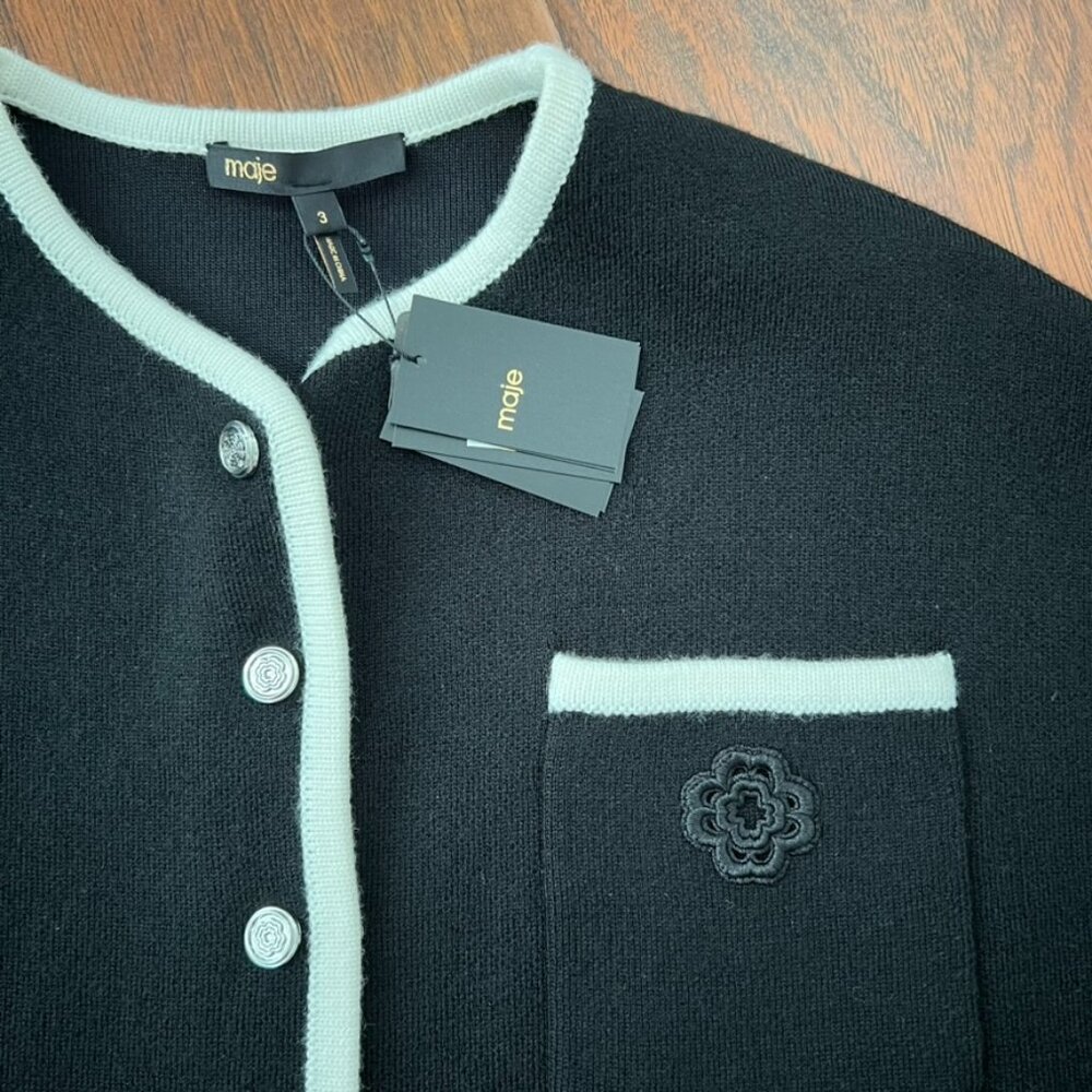 Maje Margot Knit Cardigan in Black snap front contrast trim Parisian Chic NWT - Picture 5 of 9